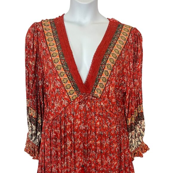 2X Long Sleeve Gauzy Rayon Red Floral Bohemian Maxi Dress Festival Gypsy - Picture 2 of 6